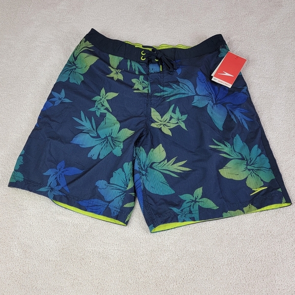 Speedo Navy Tropic Floral Board Shorts/Swim Trunks With Mesh Liner Sz L NEW